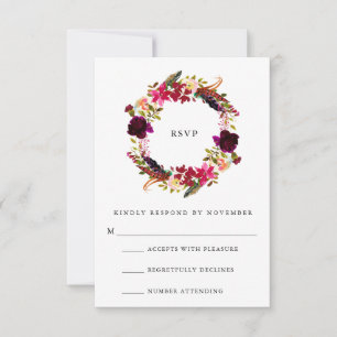 Burgundy Floral Waterverf RSVP Kaartje
