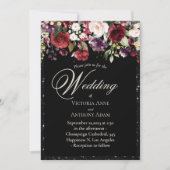 Burgundy Floral Waterverf Rustic Black Wedding in Kaart (Voorkant)