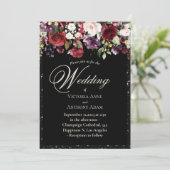 Burgundy Floral Waterverf Rustic Black Wedding in Kaart (Staand voorkant)