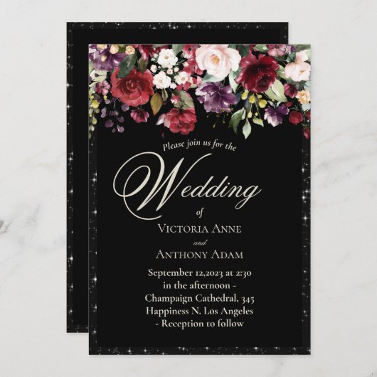 Burgundy Floral Waterverf Rustic Black Wedding in Kaart (Voorkant / Achterkant)