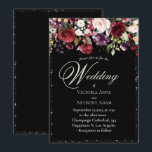 Burgundy Floral Waterverf Rustic Black Wedding in Kaart<br><div class="desc">Prachtige wazige roze en bruine bloem die in de hoek stromen en op deze mooie zwarte draperen met faux zwarte glitter. Deze uitnodiging is gewoon mooi. Ideaal voor elk seizoen.</div>