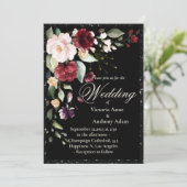 Burgundy Floral Waterverf Rustic Black Wedding Kaart (Staand voorkant)