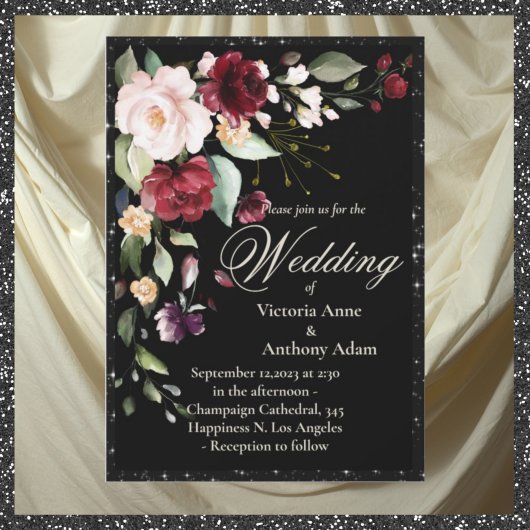 Burgundy Floral Waterverf Rustic Black Wedding Kaart