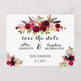 Burgundy Floral Waterverf Save the Date Aankondigingskaart