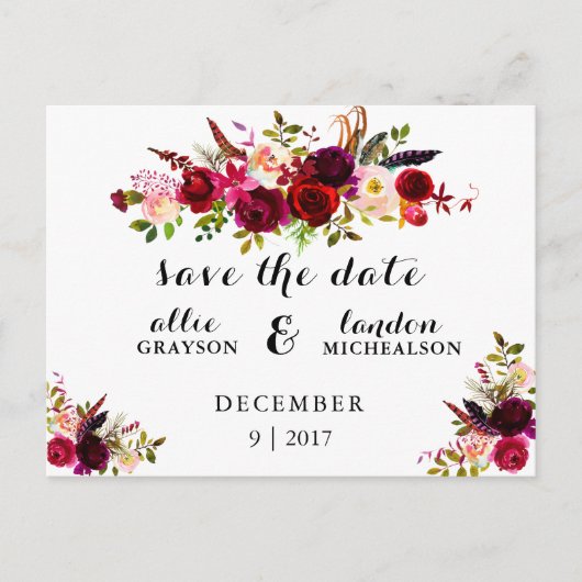 Burgundy Floral Waterverf Save the Date Aankondigingskaart (Voorkant)