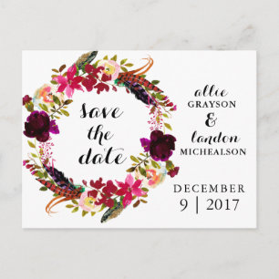 Burgundy Floral Waterverf Save the Date Aankondigingskaart