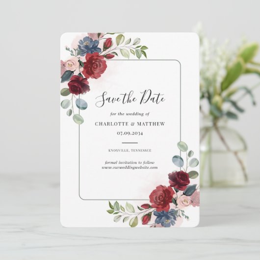 Burgundy Floral Waterverf Script Save The Date (Staand voorkant)