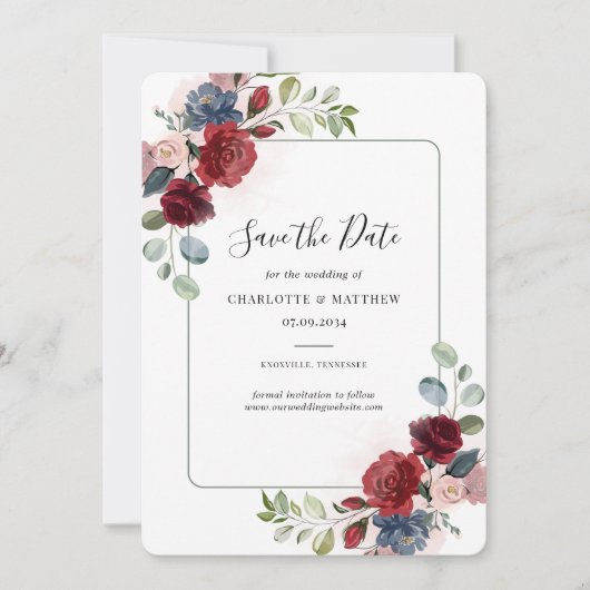 Burgundy Floral Waterverf Script Save The Date (Voorkant)