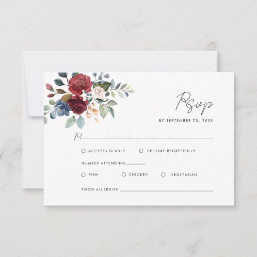 Burgundy Floral Waterverf Script Weddenschap RSVP Kaartje (Voorkant)