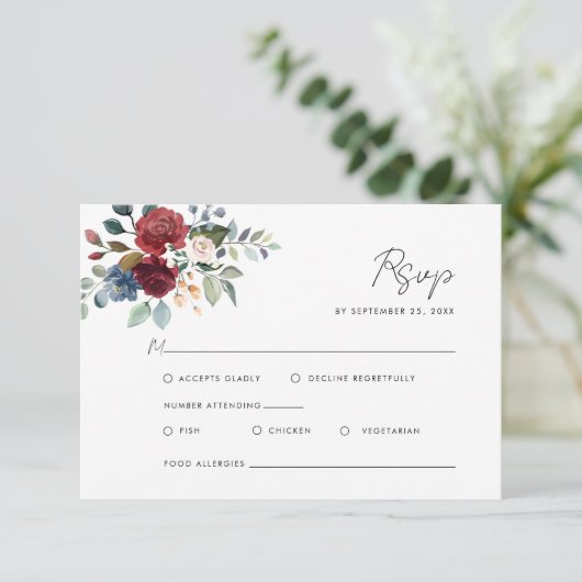 Burgundy Floral Waterverf Script Weddenschap RSVP Kaartje (Staand voorkant)