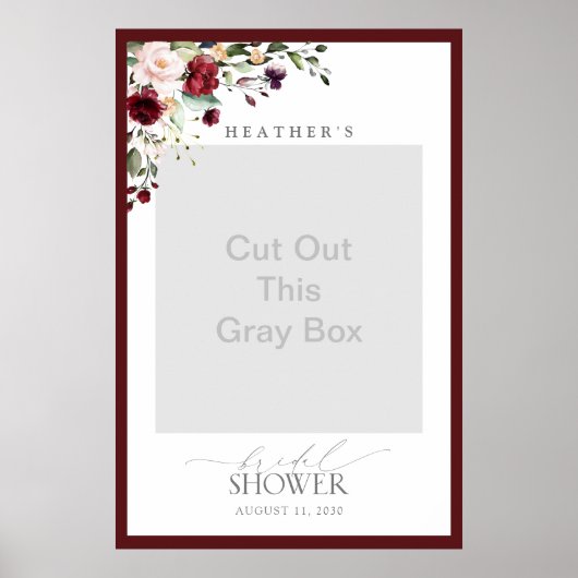 Burgundy Floral Waterverf Shower Photo Booth Poster (Voorkant)