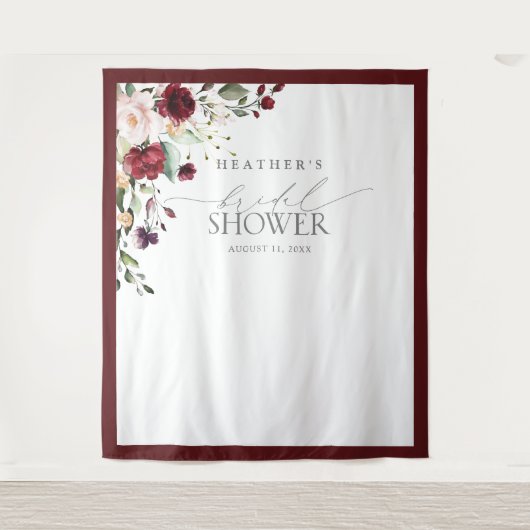 Burgundy Floral Waterverf Shower Photo Booth Wandkleed (Voorkant)