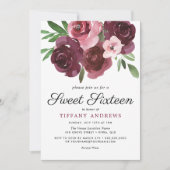 Burgundy Floral Waterverf Sweet 16 Invite Kaart (Voorkant)