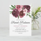 Burgundy Floral Waterverf Sweet 16 Invite Kaart (Staand voorkant)