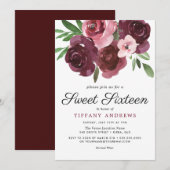 Burgundy Floral Waterverf Sweet 16 Invite Kaart (Voorkant / Achterkant)