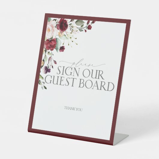 Burgundy Floral Waterverf Wedding Guest Board Reclamebord Met Voetstuk (Voorkant)