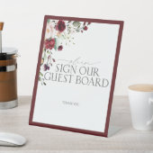 Burgundy Floral Waterverf Wedding Guest Board Reclamebord Met Voetstuk (Insitu)