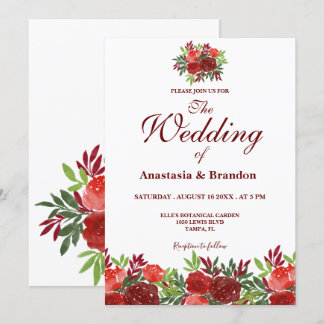 Burgundy Floral Waterverf Wedding Kaart