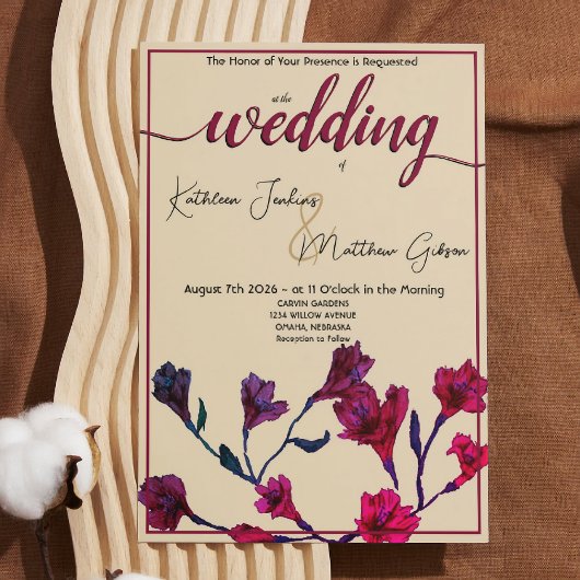 Burgundy Floral Waterverf Wedding Kaart