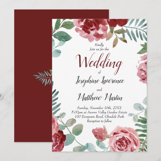 Burgundy Floral Waterverf Wedding Kaart (Voorkant / Achterkant)
