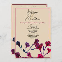 Burgundy Floral Waterverf Wedding Programmakaart