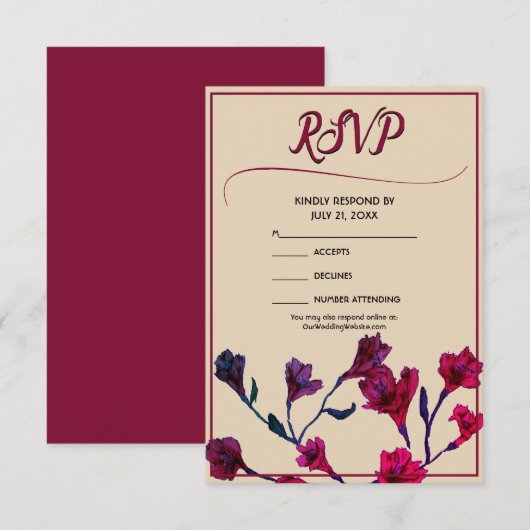 Burgundy Floral Waterverf Wedding RSVP Kaartje (Voorkant / Achterkant)