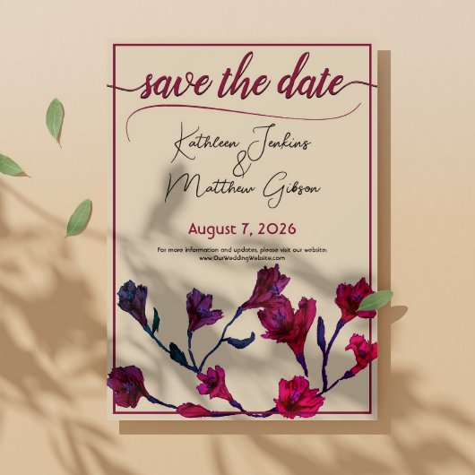 Burgundy Floral Waterverf Wedding Save The Date