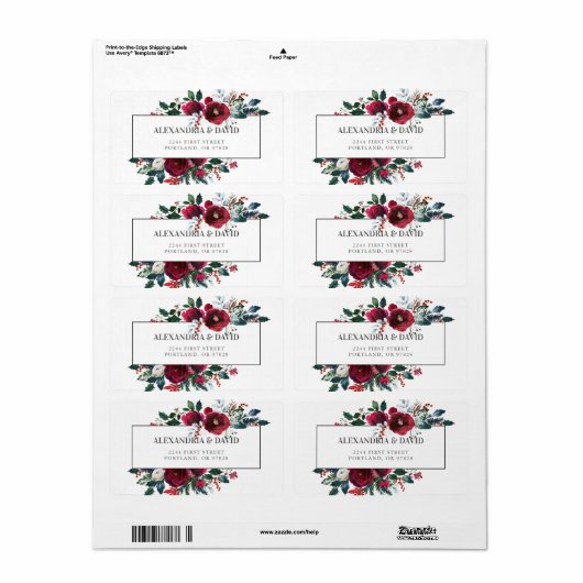 Burgundy Floral Wedding Adresetiketten Etiket (Full Sheet)