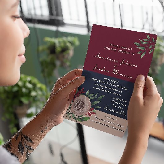Burgundy Floral Wedding All in One Kaart