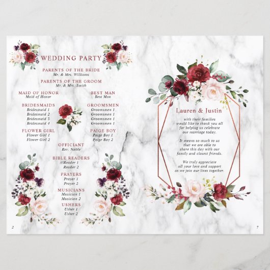 Burgundy Floral Wedding Booklet Programme 1/2 pagi (Achterkant)