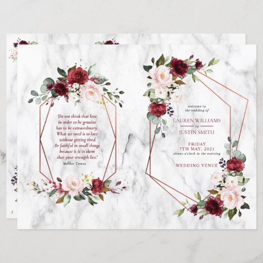 Burgundy Floral Wedding Booklet Programme 1/2 pagi (Voorkant / Achterkant)