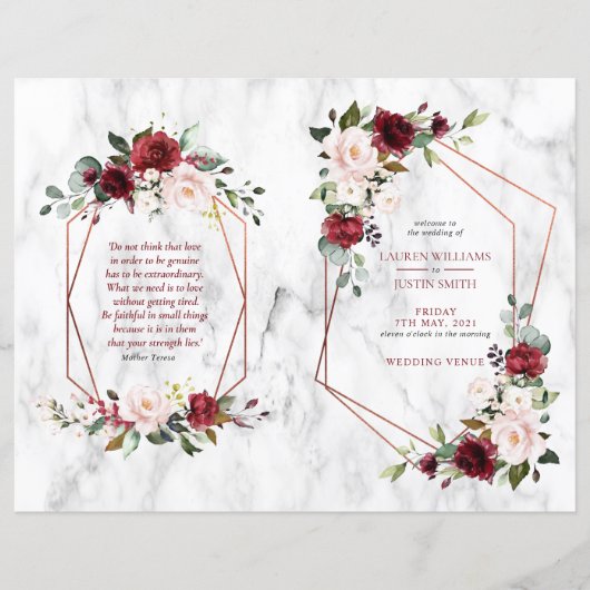 Burgundy Floral Wedding Booklet Programme 1/2 pagi (Voorkant)