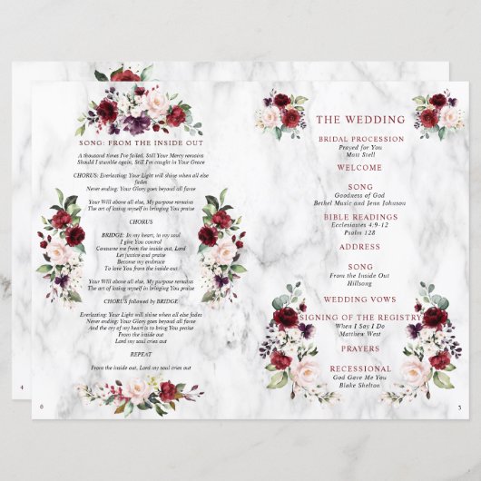 Burgundy Floral Wedding Booklet Programme 2/2 pagi (Voorkant / Achterkant)
