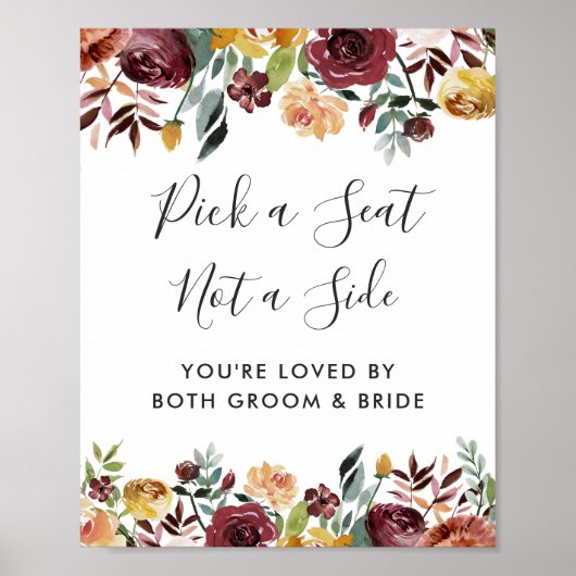Burgundy Floral Wedding Ceremony Pick a Seat Sign Poster (Voorkant)