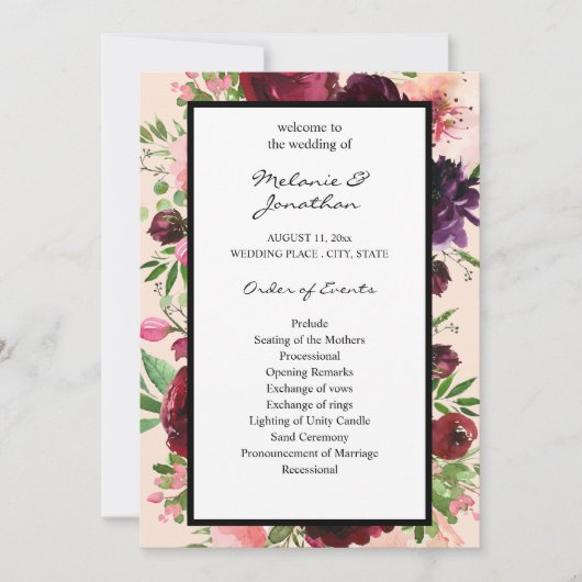 Burgundy Floral Wedding Ceremony Programme - Roze Kaart (Voorkant)