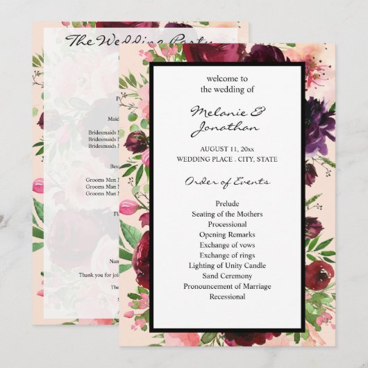 Burgundy Floral Wedding Ceremony Programme - Roze Kaart (Voorkant / Achterkant)