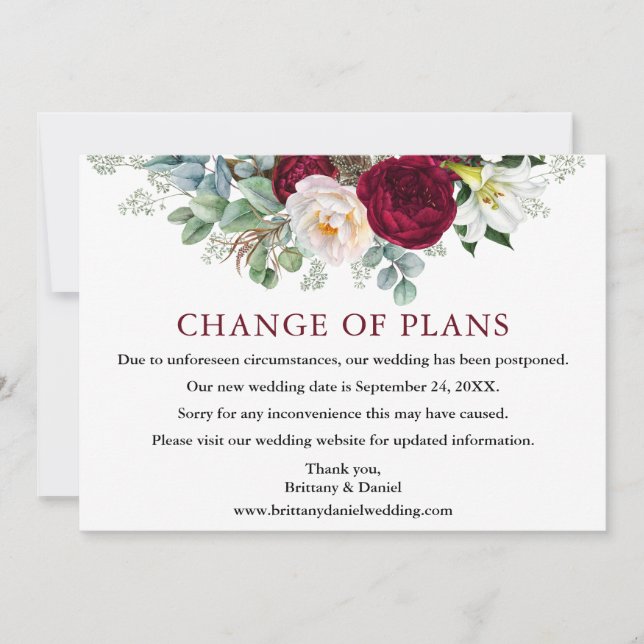 Burgundy Floral Wedding Change of Plans Kaart (Voorkant)