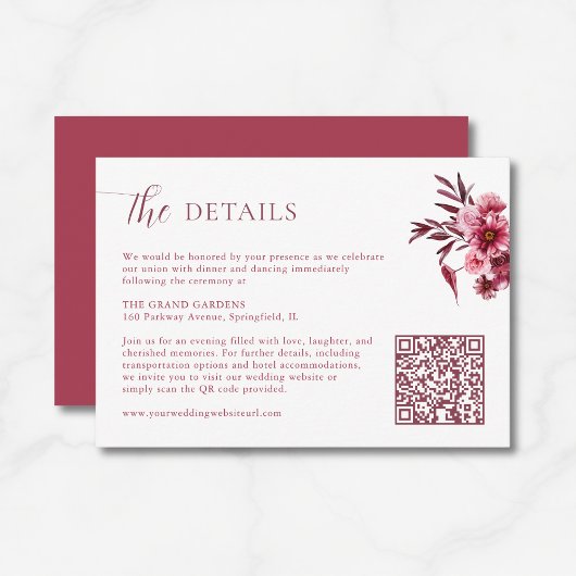  Burgundy Floral Wedding Details Card QR Code  Informatiekaartje