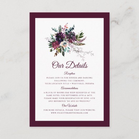 Burgundy Floral Wedding Details Informatiekaartje (Voorkant)