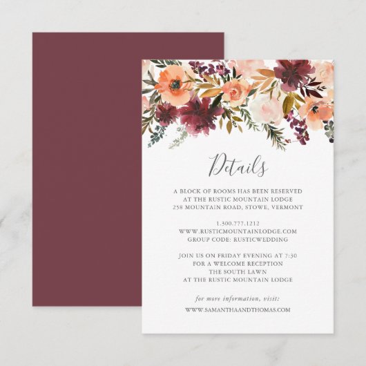 Burgundy Floral Wedding Details Kaart (Voorkant / Achterkant)