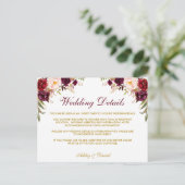 Burgundy Floral Wedding Details-kaart Briefkaart (Staand voorkant)