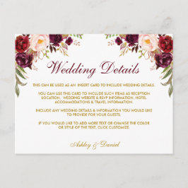 Burgundy Floral Wedding Details-kaart Briefkaart