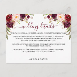 Burgundy Floral Wedding Details-kaart Briefkaart