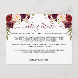 Burgundy Floral Wedding Details-kaart Briefkaart