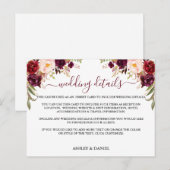 Burgundy Floral Wedding Details-kaart Briefkaart (Voorkant / Achterkant)