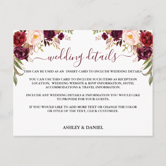 Burgundy Floral Wedding Details-kaart Briefkaart (Voorkant)