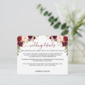 Burgundy Floral Wedding Details-kaart Briefkaart (Staand voorkant)