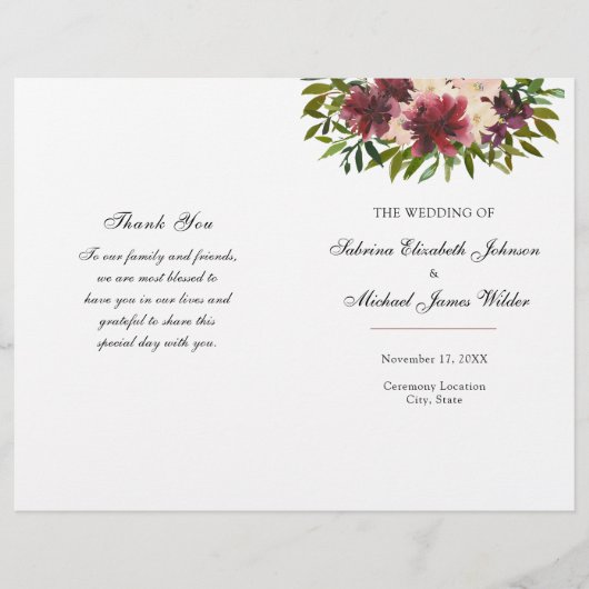 Burgundy Floral Wedding Folded Programme (Voorkant)