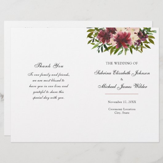 Burgundy Floral Wedding Folded Programme (Voorkant / Achterkant)