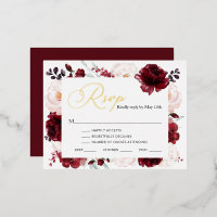 Burgundy Floral Wedding Gold Foil RSVP-kaart